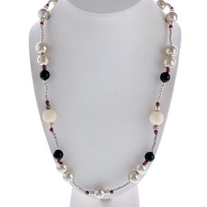 Vintage Sterling Silver 925 Red Garnet Black Onyx Beaded Necklace 33"